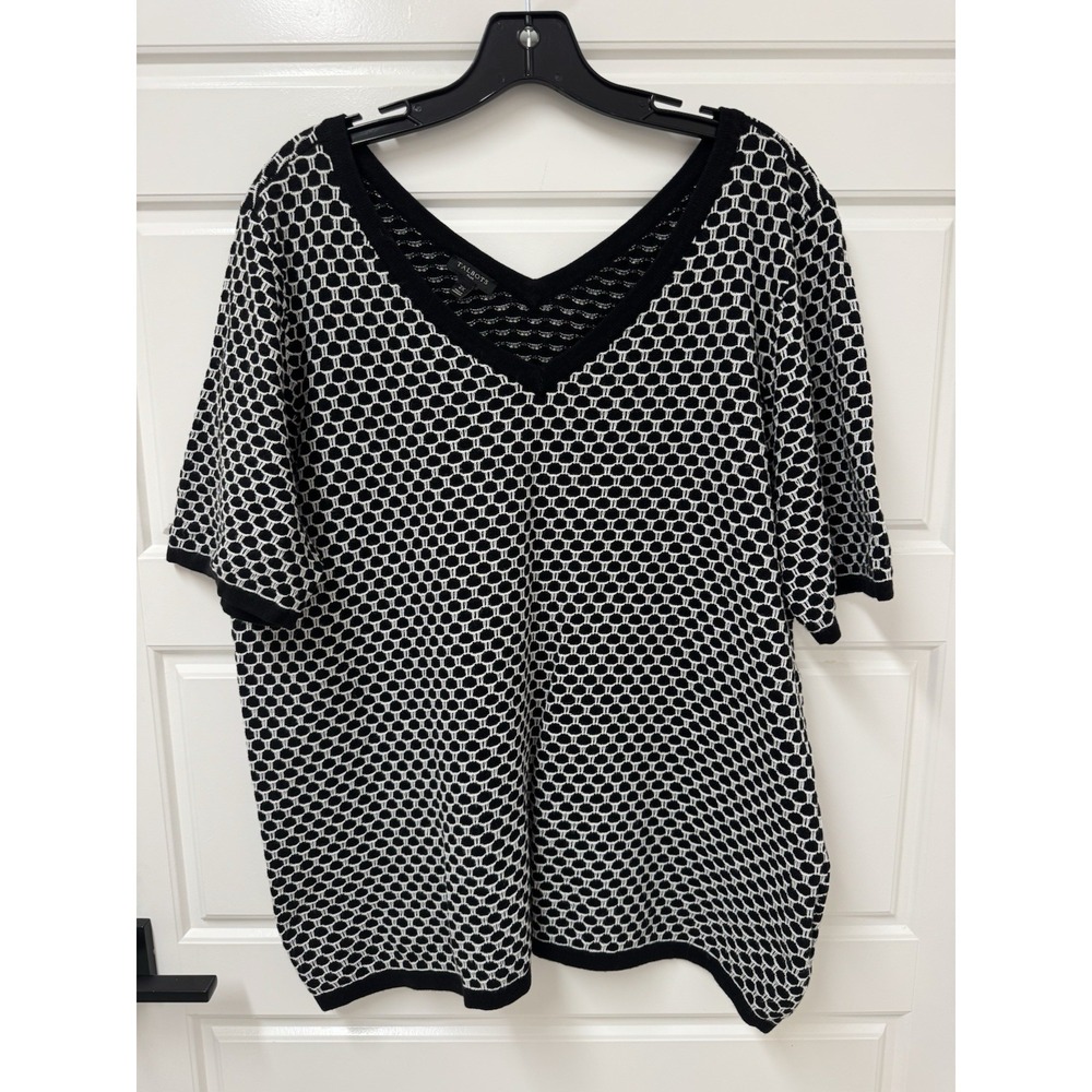 Talbots Plus Woman 2X Top Blouse Black White Honeycomb Cotton Linen Viscose